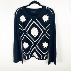 BOSTON PROPER Black White Crochet Knit Ribbed Long Sleeves Sweater, Size Small